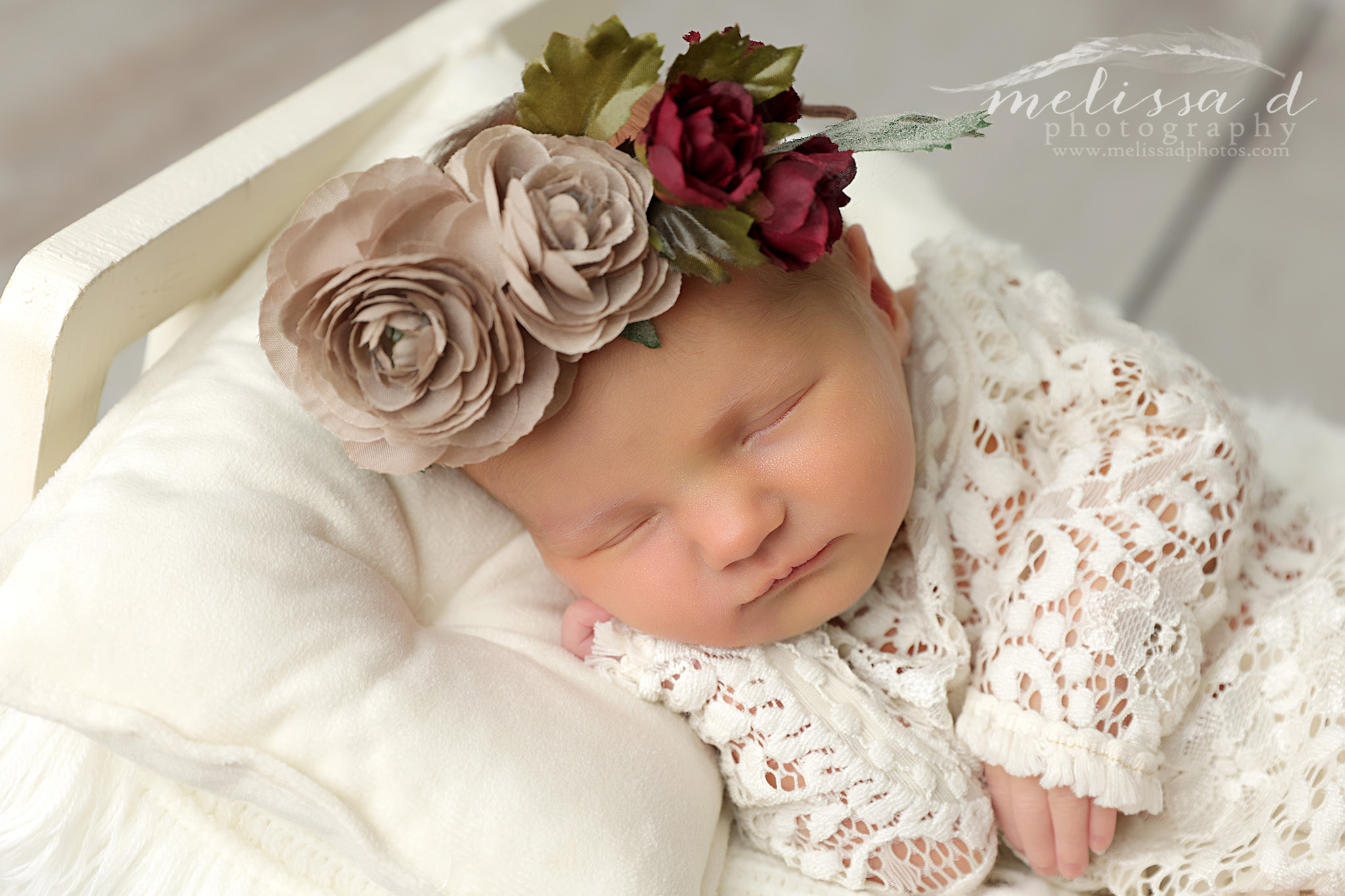 Keller Newborn Photographer lace romper floral crown