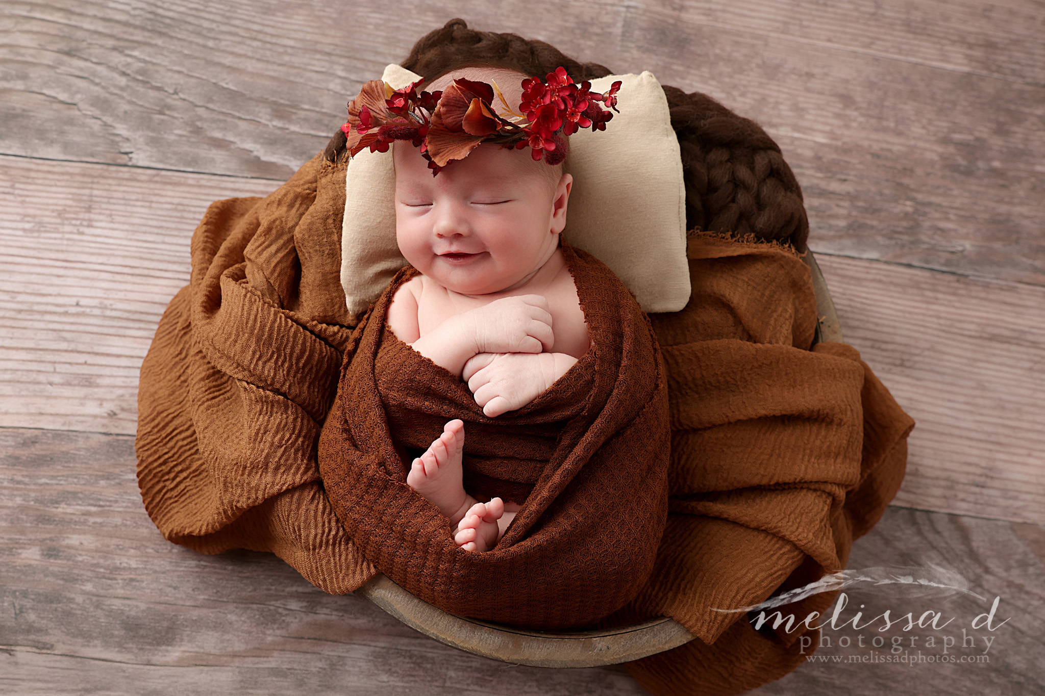 Colleyville Newborn Photographer wrapped in brown with floral crown