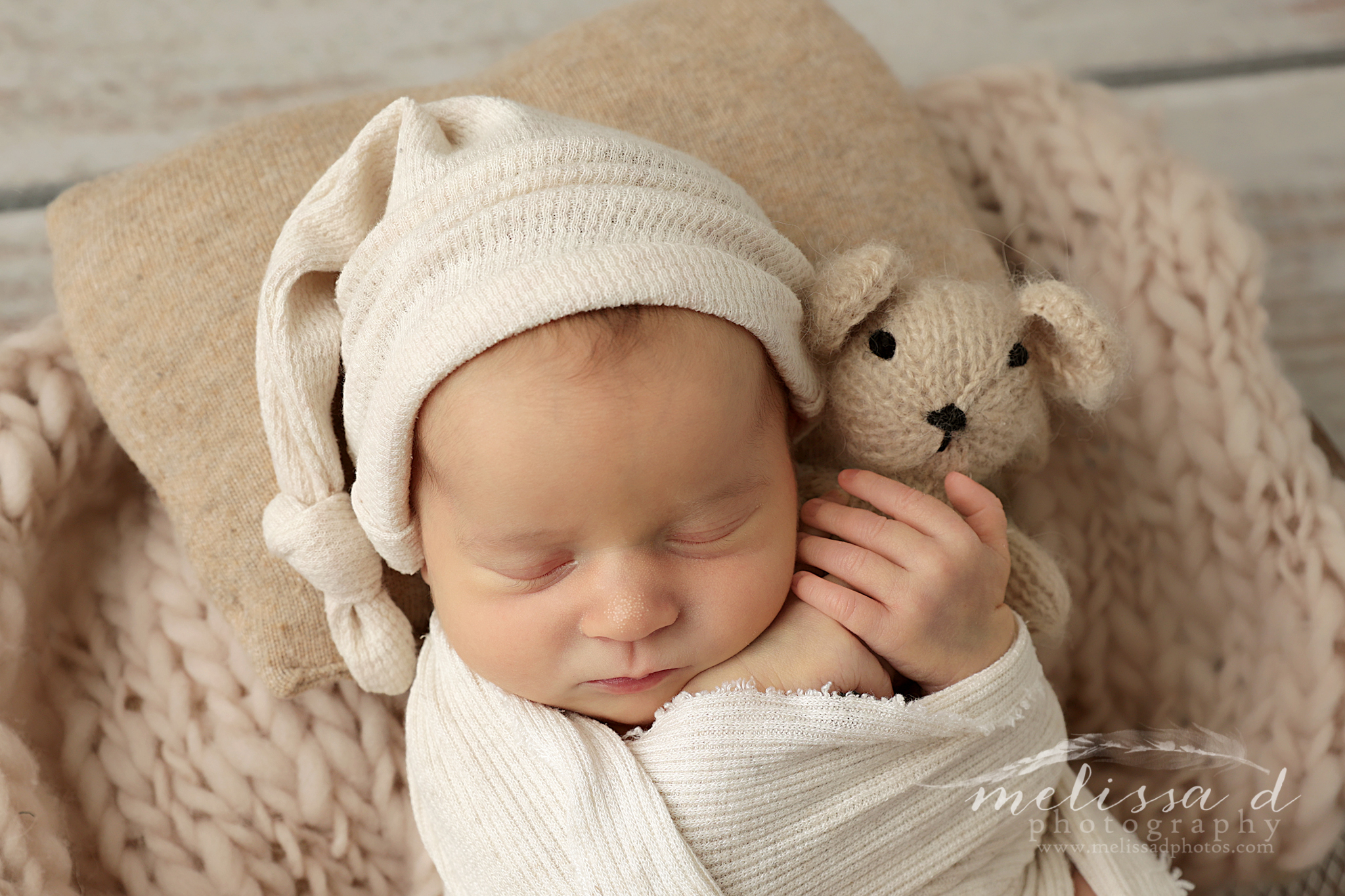 Dallas Newborn Twin Photographer wrapped with teddy bear