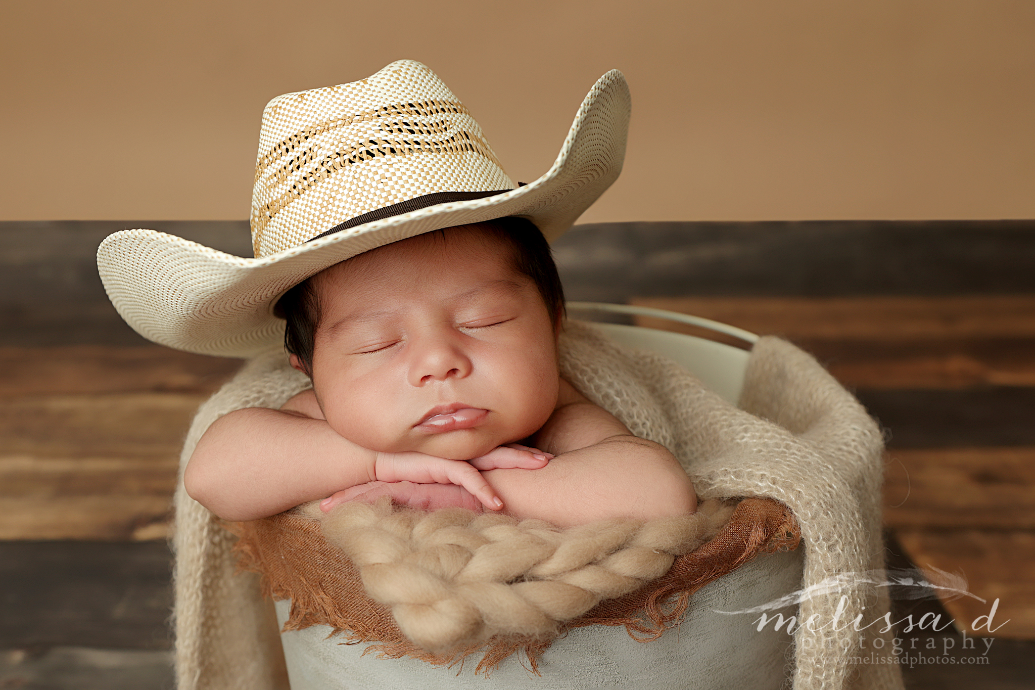 Dallas Newborn Photographer baby in bucket prop cowboy hat