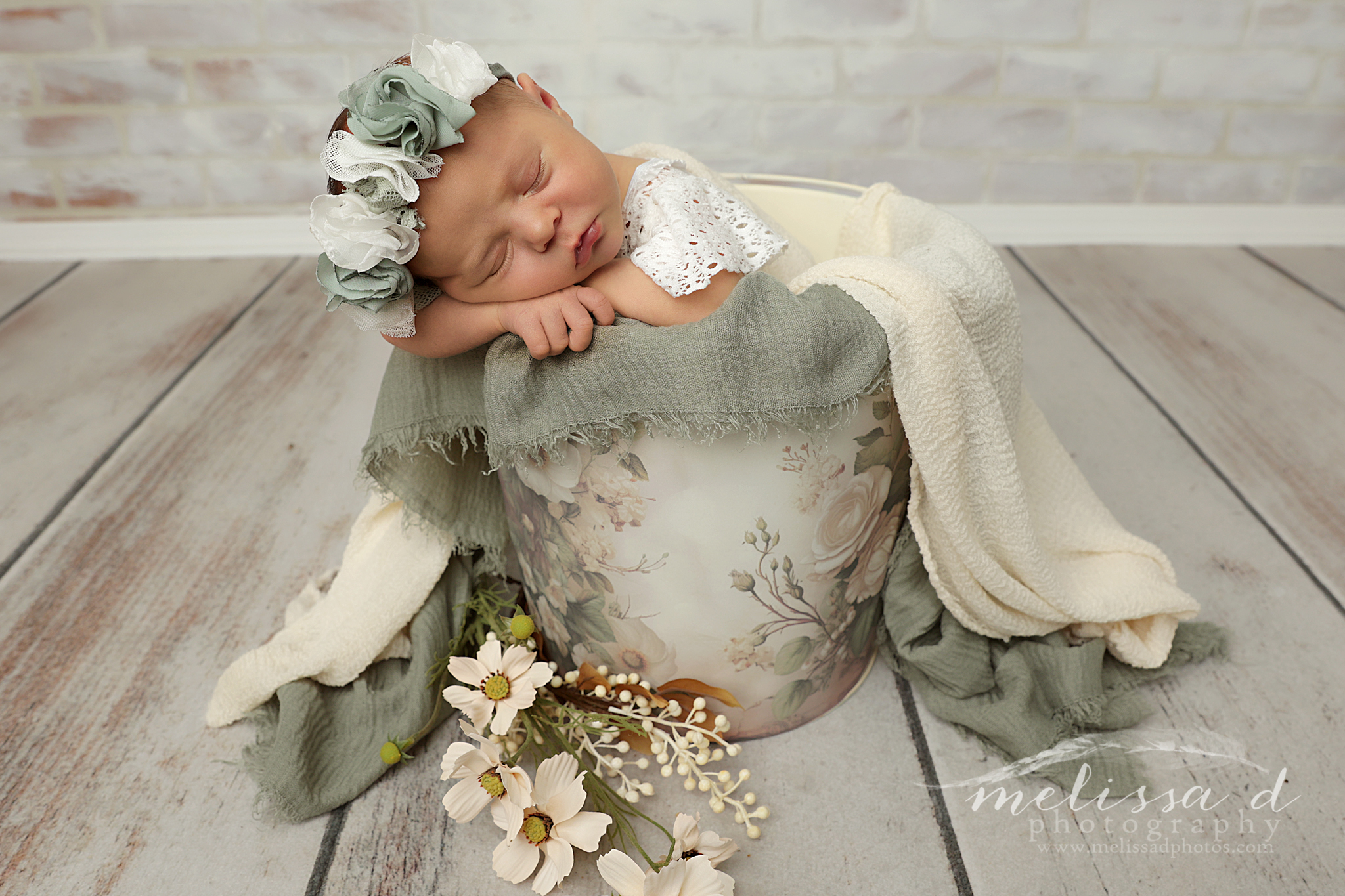 Fort Worth Newborn Photographer sage green bucket prop