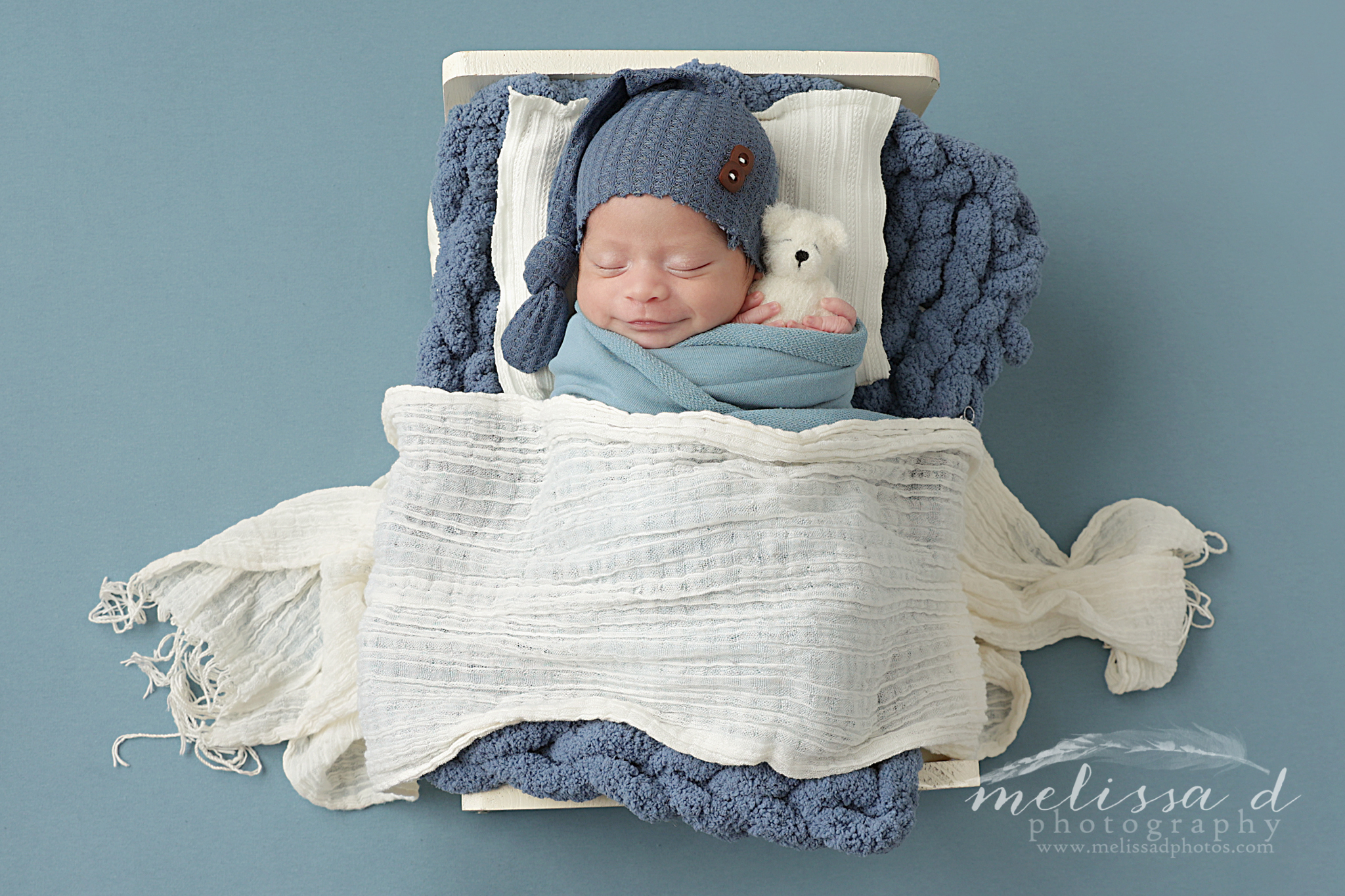 Keller Newborn Photographer white wood bed prop