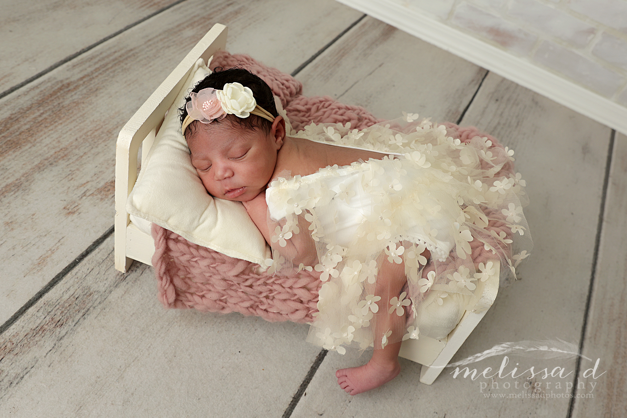 Colleyville Newborn Photographer wood bed prop