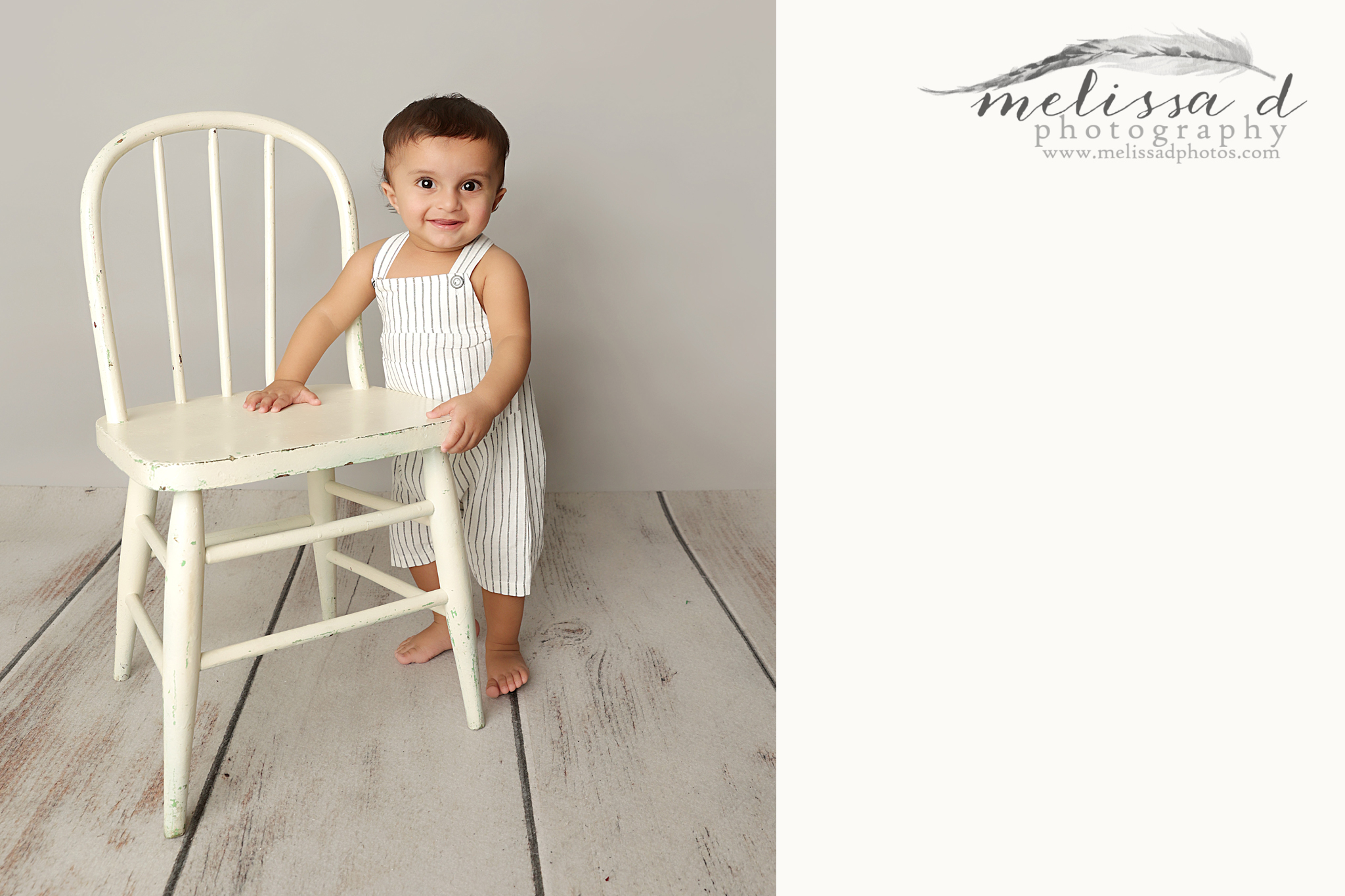 DFW 1 year Photographer standing with wood chair