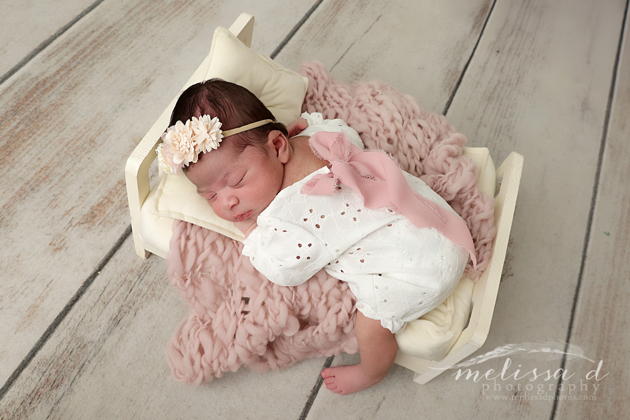Colleyville Newborn Photographer wood bed prop