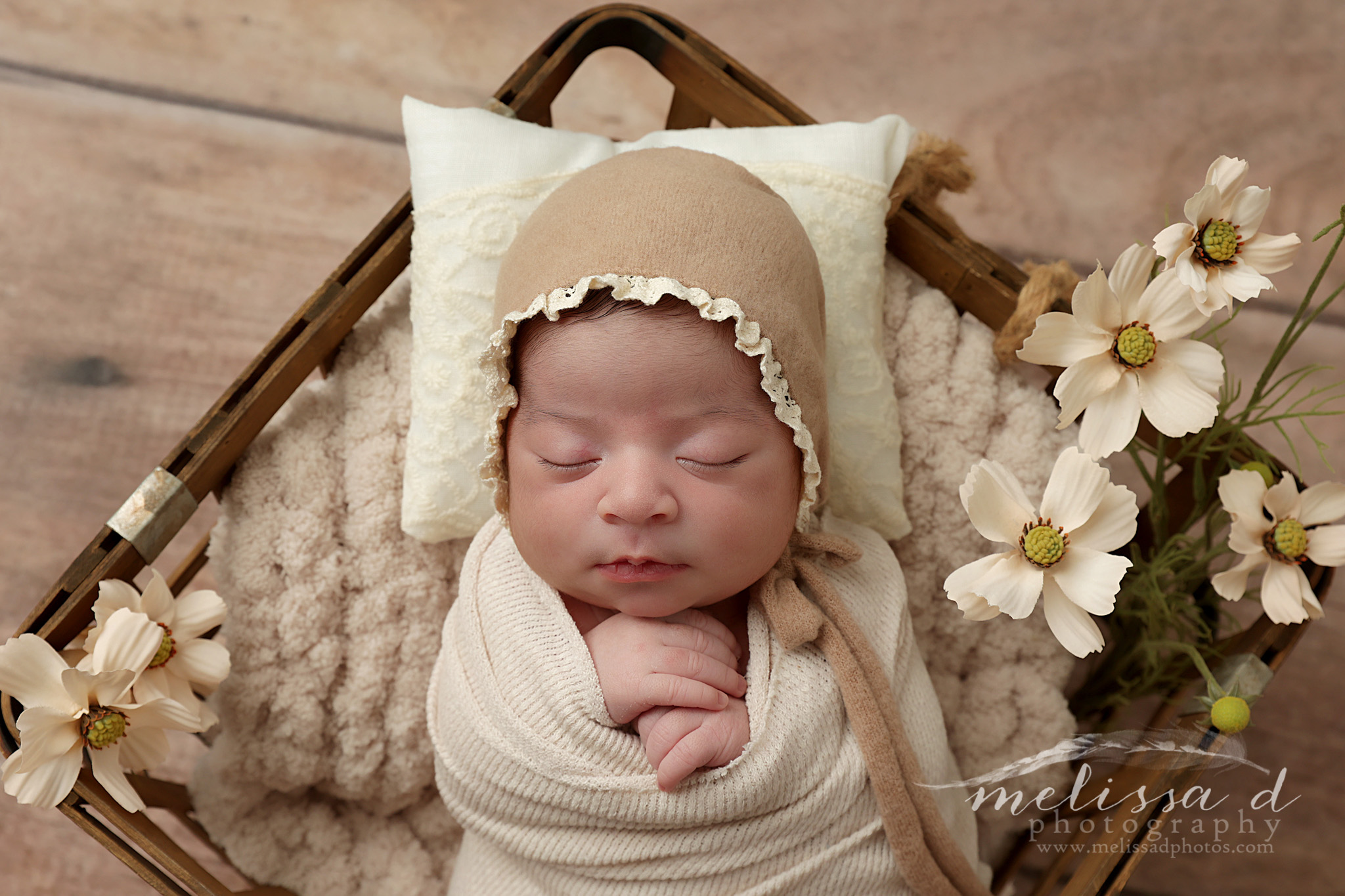 Keller Newborn Photographer wood crate prop flowers